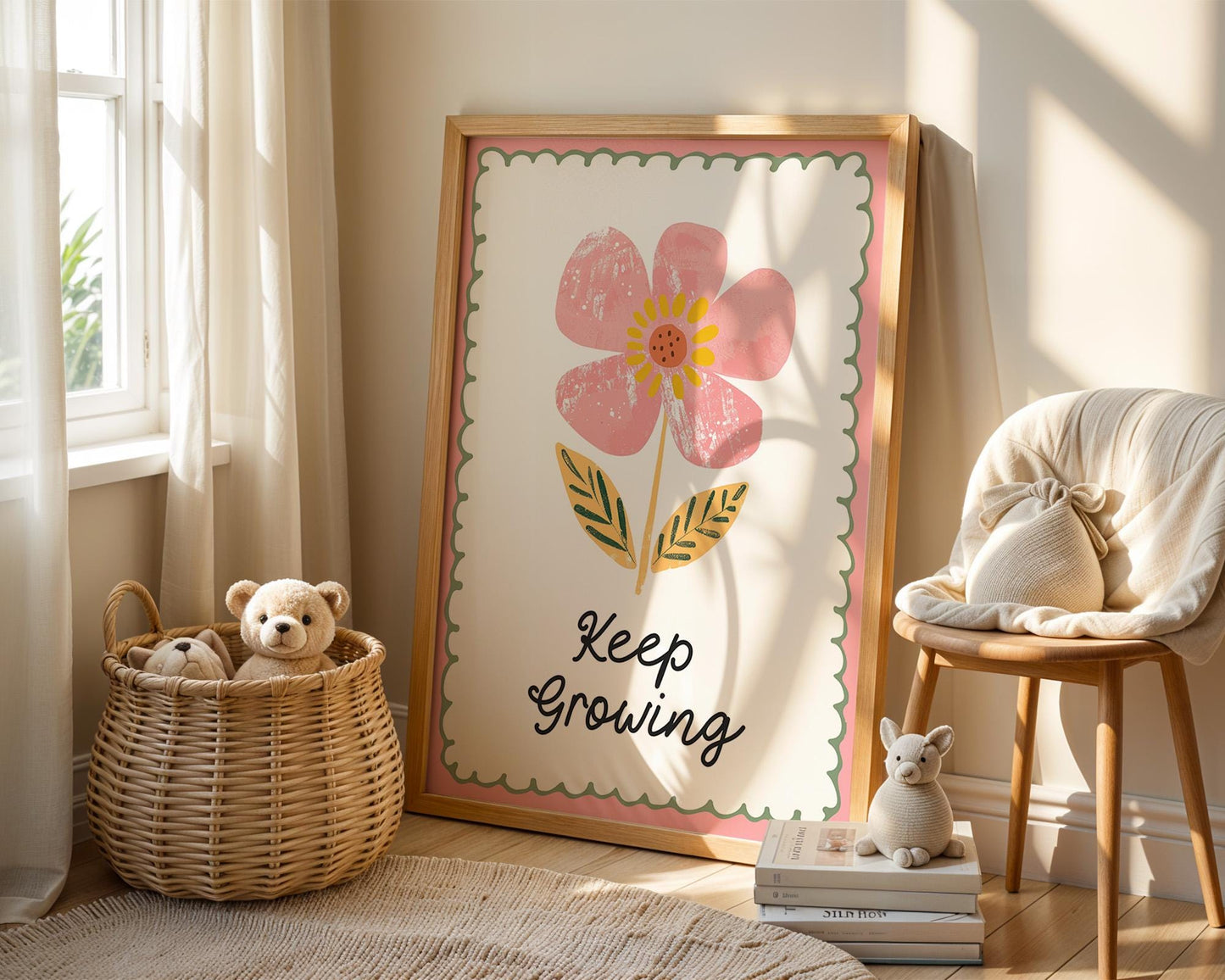 Poster Kinderzimmer Blume · Keep Growing Spruch · Liebevolle Deko mit Botschaft · Pastellfarben & Naturmotiv · Dekoprint ohne Rahmen