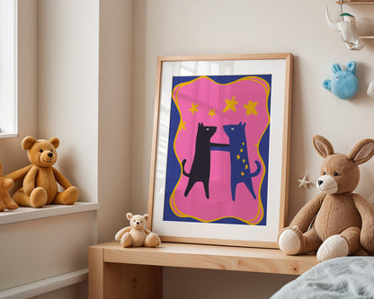 Poster Kinderzimmer Katzen · Tanz unterm Sternenhimmel · Bunte Deko in Pink & Blau · Freundschaft & Magie · Ohne Rahmen