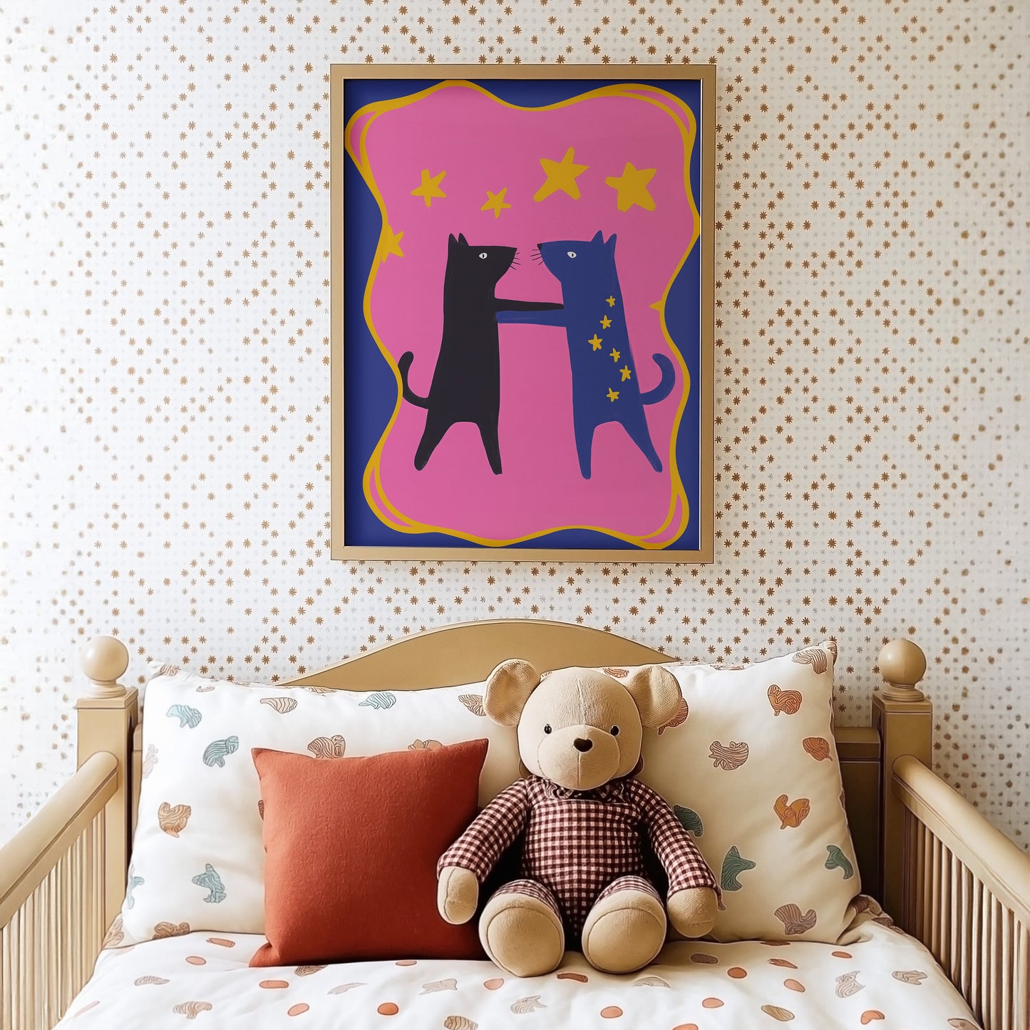Poster Kinderzimmer Katzen · Tanz unterm Sternenhimmel · Bunte Deko in Pink & Blau · Freundschaft & Magie · Ohne Rahmen