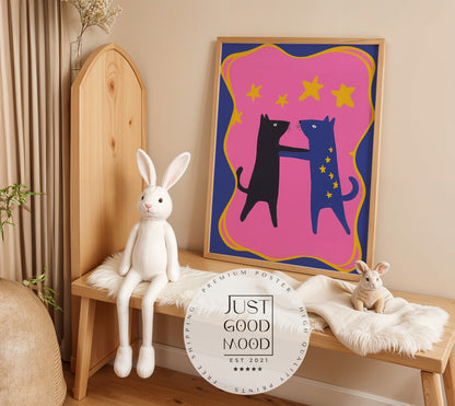 Poster Kinderzimmer Katzen · Tanz unterm Sternenhimmel · Bunte Deko in Pink & Blau · Freundschaft & Magie · Ohne Rahmen