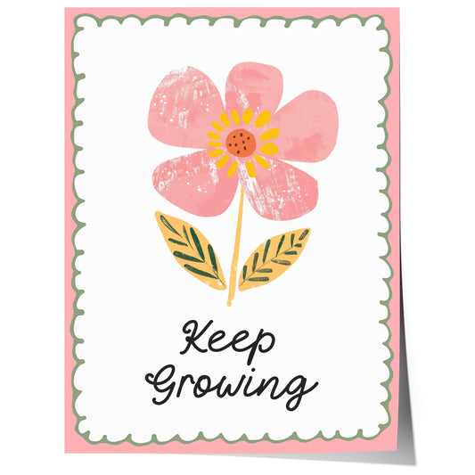 Poster Kinderzimmer Blume · Keep Growing Spruch · Liebevolle Deko mit Botschaft · Pastellfarben & Naturmotiv · Dekoprint ohne Rahmen